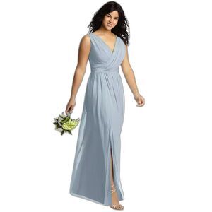 Dessy Collection Sz 18 Sleeveless Draped Chiffon Maxi Dress Front Slit Mist 2894
